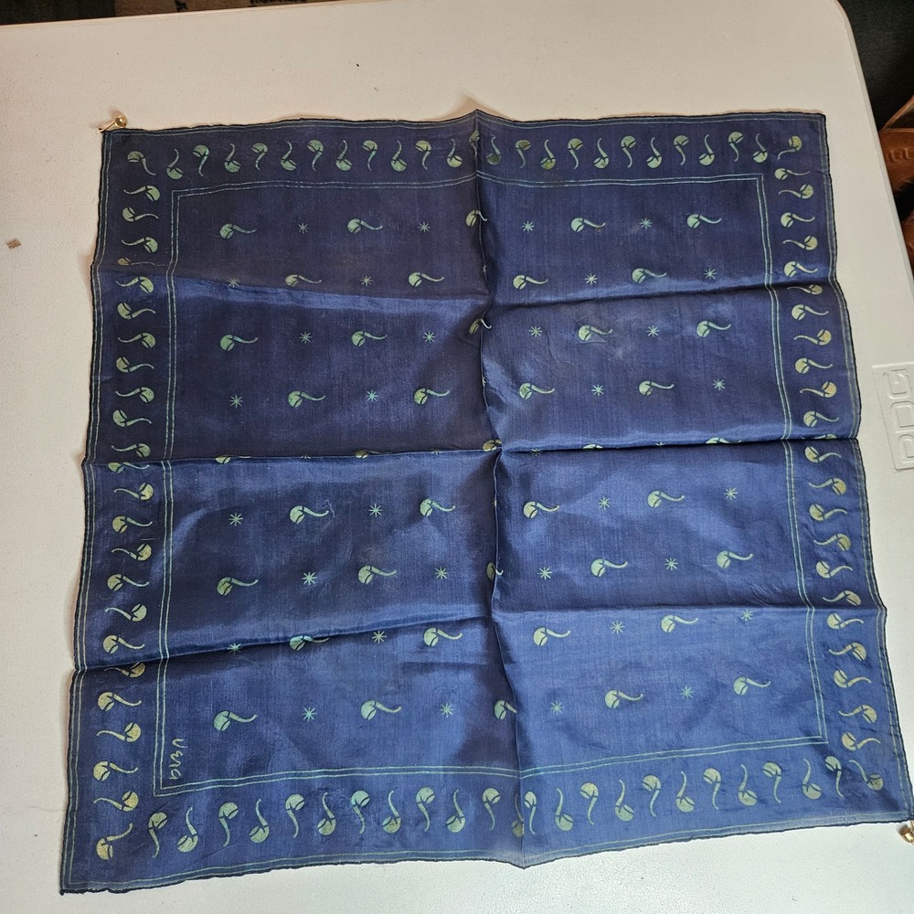 Vintage Vera Neumann Silk Scarf Navy Blue Green Tobacco Pipe Print Hand Rolled